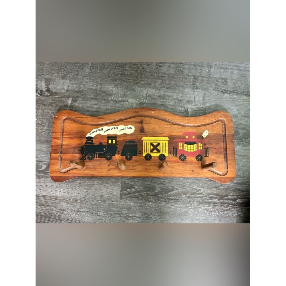 vintage wooden "I Think I Can" painted train-themed wall coat rack nursery kids
